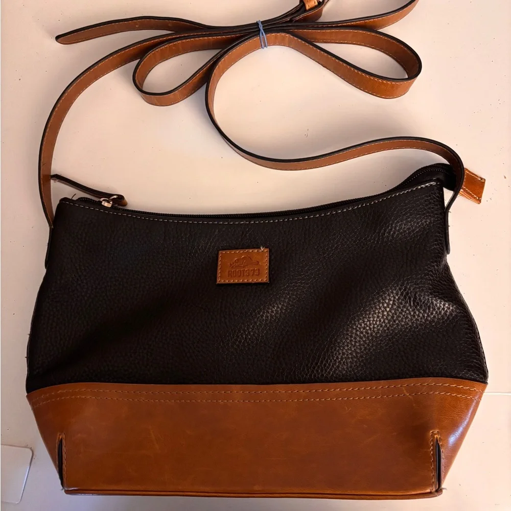 ROOTS 73, in Stylish Black and Brown Leather Crossbody Bag, Adjustable Strap - Picture 1 of 7